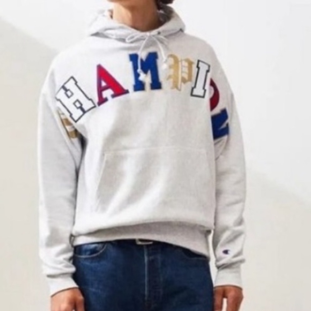 Champion Old English Hoodie Sweatshirt Men’s Medium Gray Reverse Weave Pullover